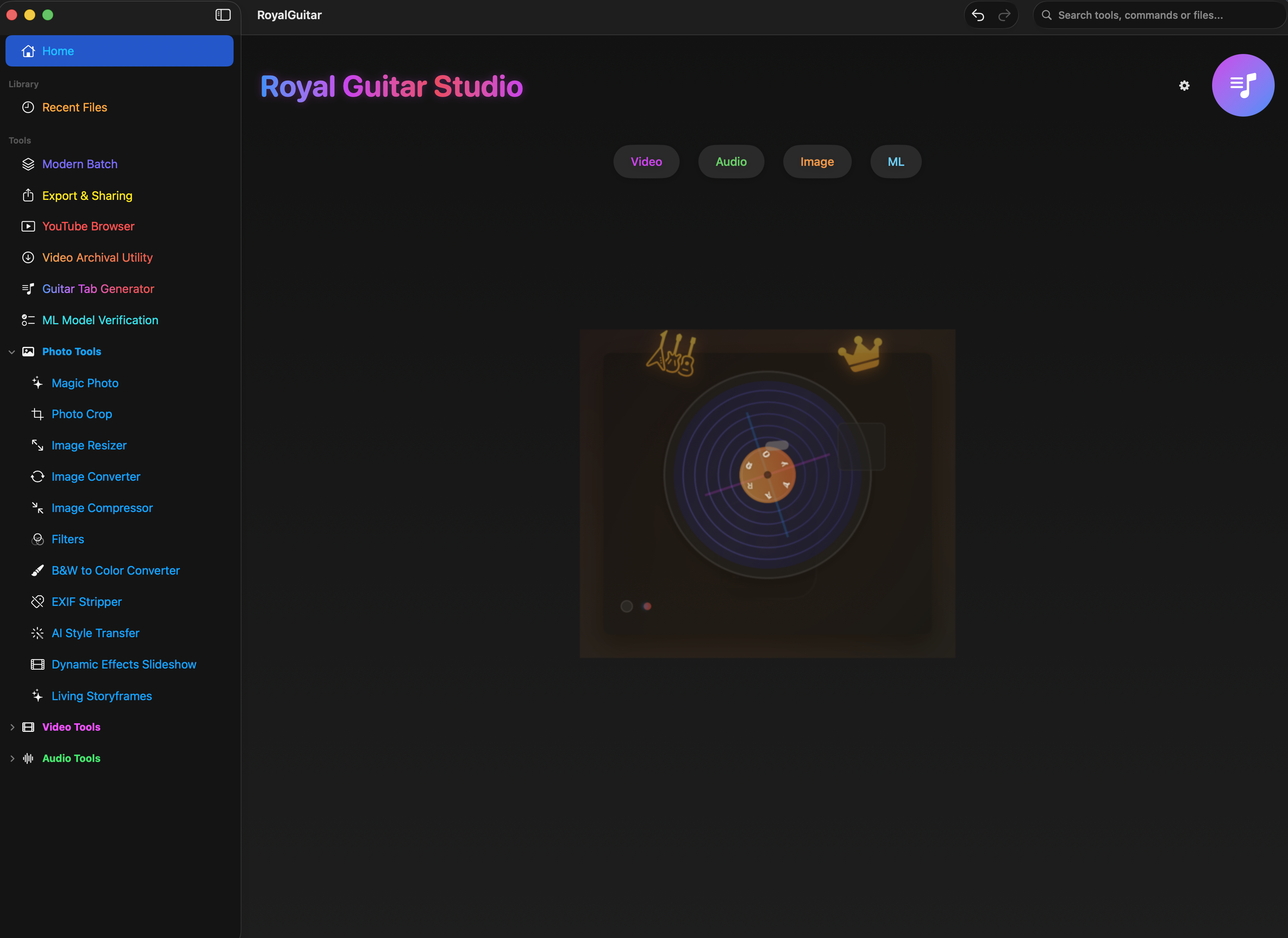 Royal Guitar Studio home screen